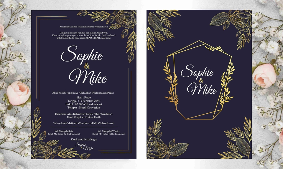 Jasa desain kartu ucapan pernikahan dengan desain elegan dan modern, dengan kombinasi warna biru dan emas.