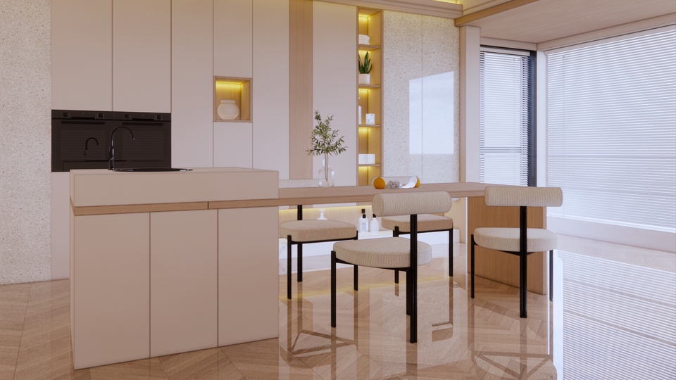 Jasa desain interior dan arsitektur untuk ruang makan modern minimalis dengan meja dan kursi kayu dengan backdrop jendela kaca.