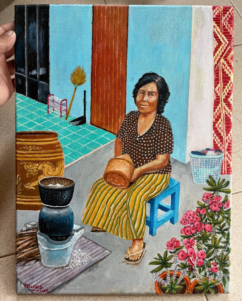 รับวาดภาพเหมือน ผู้หญิงไทย แต่งกายพื้นเมือง ทำอาหาร ภาพวาดสีน้ำมัน ศิลปะไทย