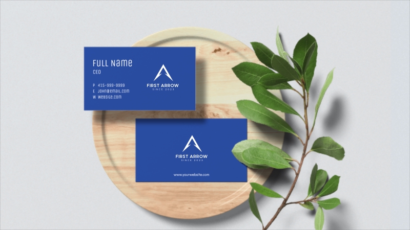 Desain logo modern minimalis dengan warna biru dan putih, menampilkan logo dengan simbol panah dan tulisan "First Arrow"  untuk branding perusahaan.