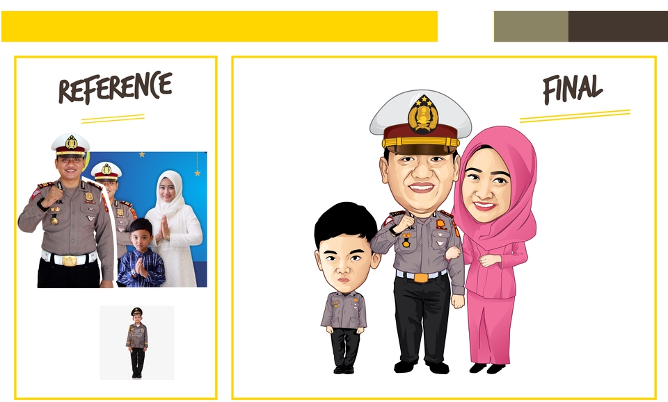 Jasa pembuatan karikatur keluarga dengan desain vektor, gambar kartun wajah 3 orang.