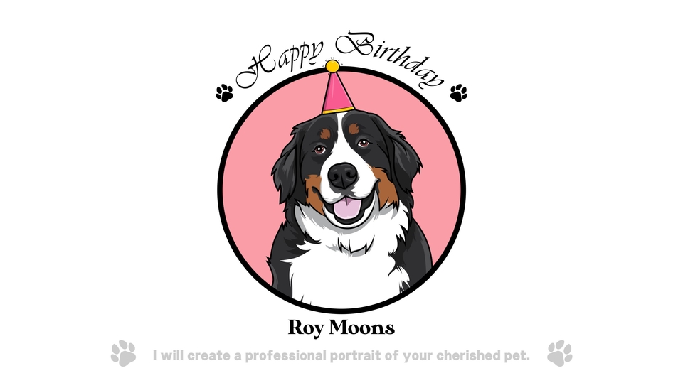 Ilustrasi ulang tahun anjing bernese mountain dog dengan topi ulang tahun. Jasa ilustrasi hewan, ilustrasi kartun, gambar ilustrasi, desain ilustrasi, jasa gambar hewan, ilustrasi hewan peliharaan, gambar anjing, desain logo.