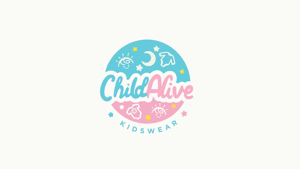 Desain logo keren Child Alive Kidswear dengan warna biru dan pink