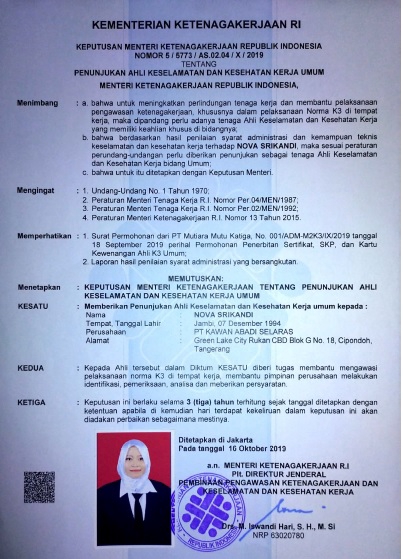 Surat Keputusan Menteri Ketenagakerjaan Republik Indonesia Tentang Penunjukan Ahli Keselamatan Dan Kesehatan Kerja Umum.
