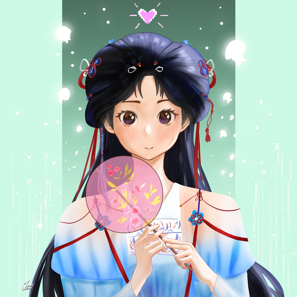 วาดแฟนอาร์ตการ์ตูนหญิงสาวสวยสไตล์จีนชุดสีฟ้าพัดดอกไม้