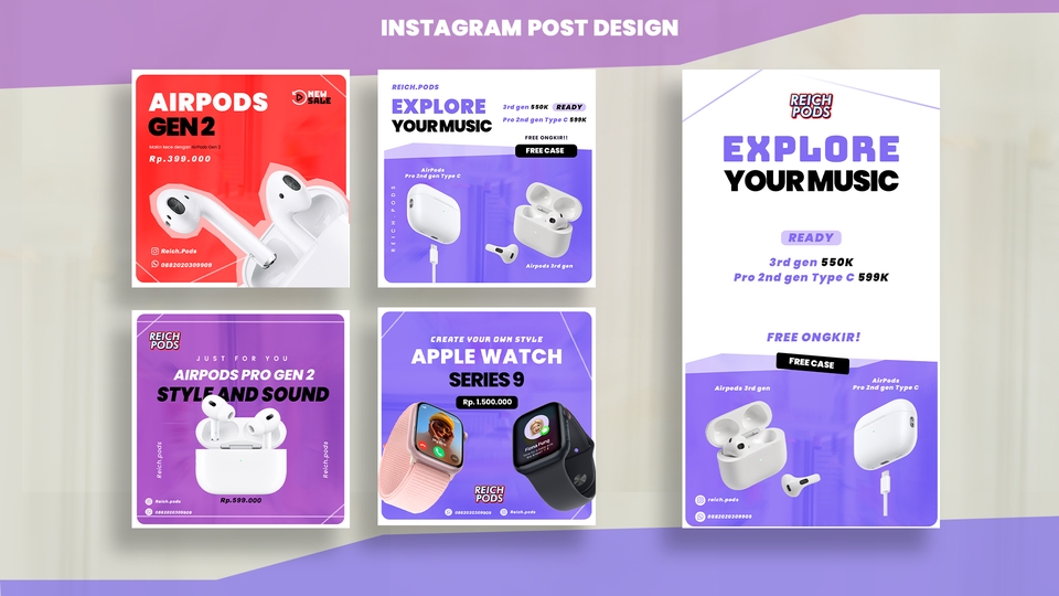 Jasa desain banner instagram untuk promosi airpods dan apple watch dengan desain unik dan menarik.