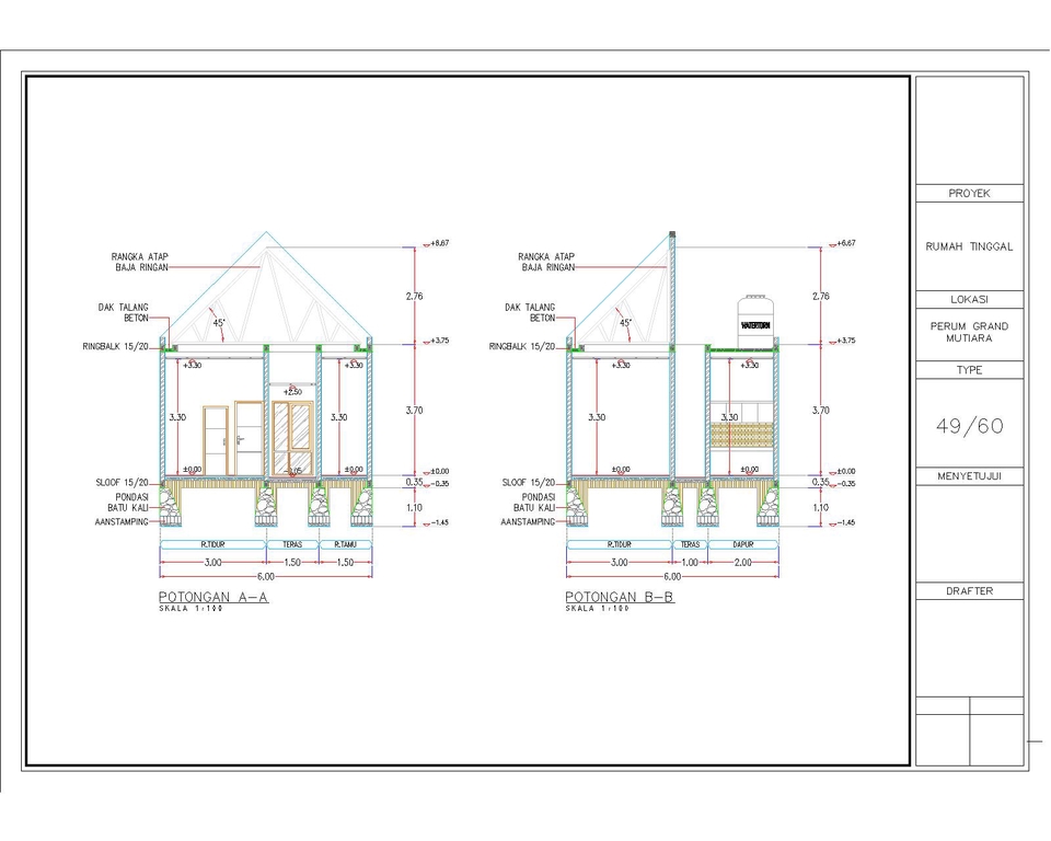 Jasa drafter arsitek pembuatan gambar autocad rumah minimalis type 49.