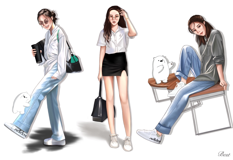 รับวาดภาพเหมือน การ์ตูน 3 คน ผู้หญิง ใส่ชุดน่ารัก สีสันสดใส