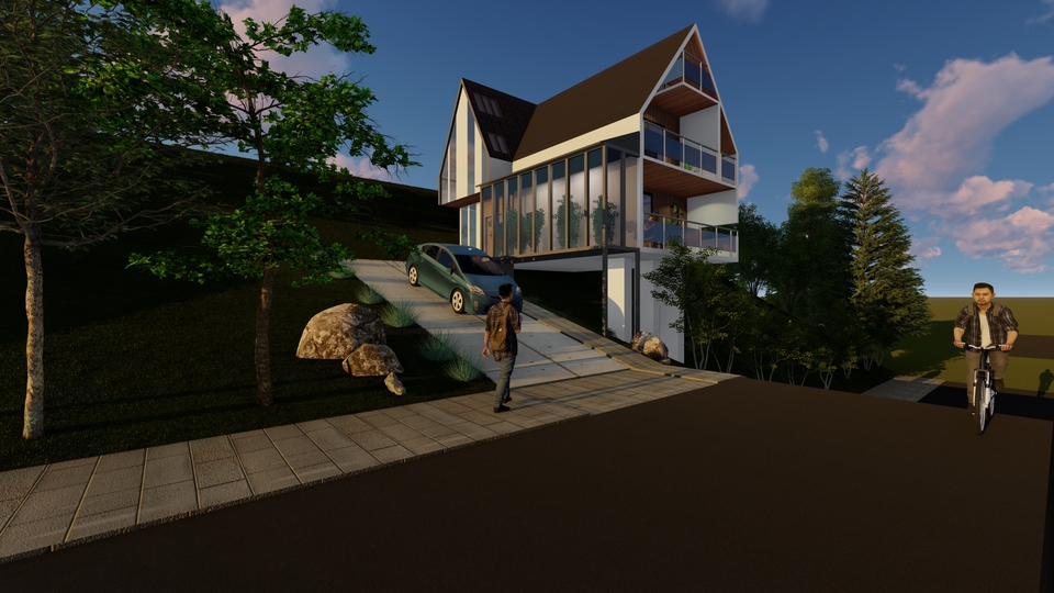 Desain rumah minimalis modern dengan furniture kayu dan taman hijau