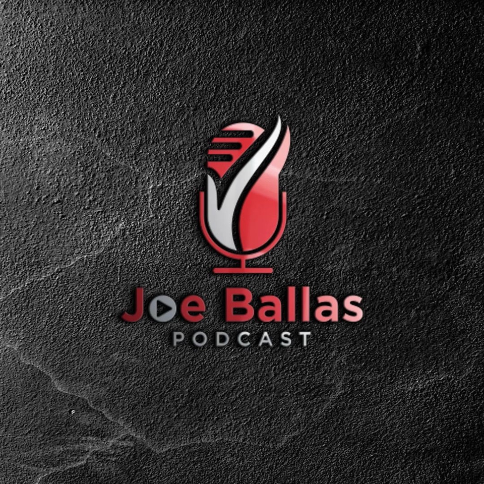 Desain logo profesional untuk podcast Joe Ballas, dengan ikon mikrofon modern dan warna merah yang mencolok. Sangat cocok untuk desain logo podcast yang menarik perhatian.