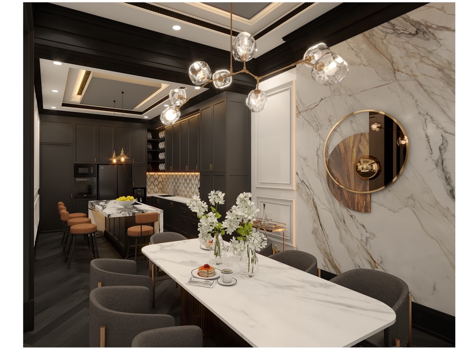 Jasa desain interior ruang makan minimalis dengan desain meja makan kayu dan kursi modern.