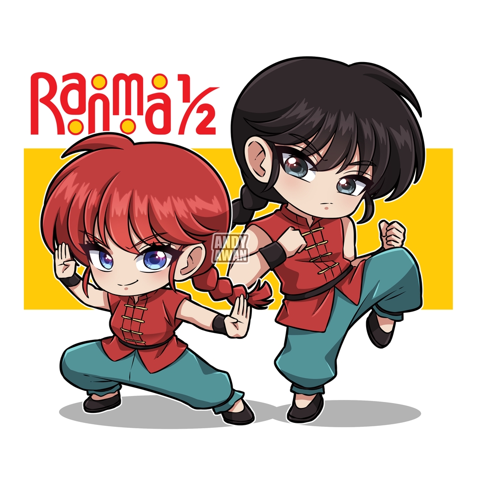 Jasa desain karakter Ranma 1/2, desain karakter kartun anime, karakter chibi Ranma Akane, pembuatan karakter game, desain maskot anime.