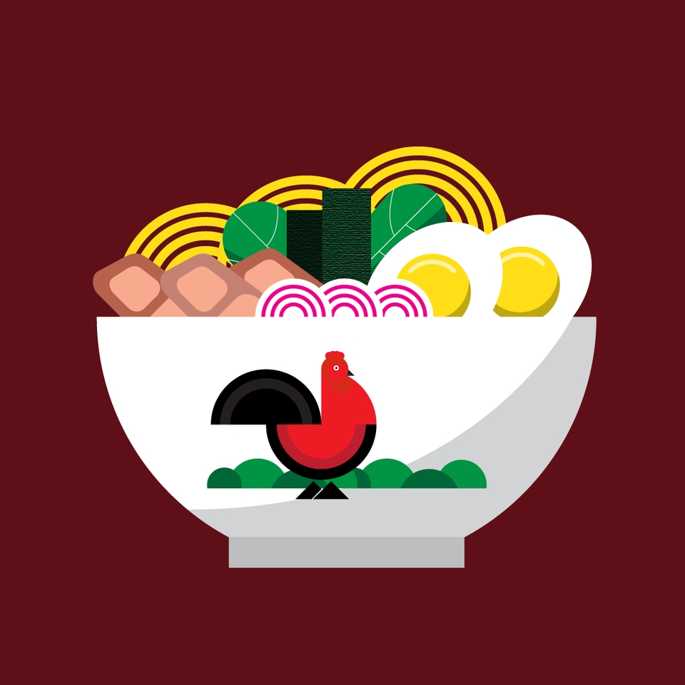 ภาพวาดเวกเตอร์ vector ถ้วยก๋วยเตี๋ยวญี่ปุ่น มีไก่ ไข่ เห็ด เหมาะกับการใช้เป็นภาพประกอบเว็บไซต์