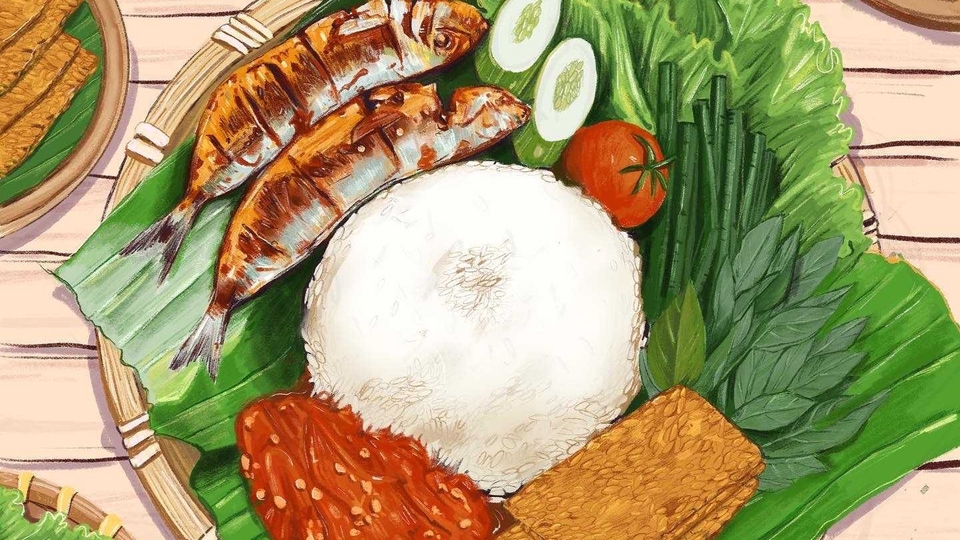 Ilustrasi makanan dengan nasi, ikan bakar, dan buah-buahan