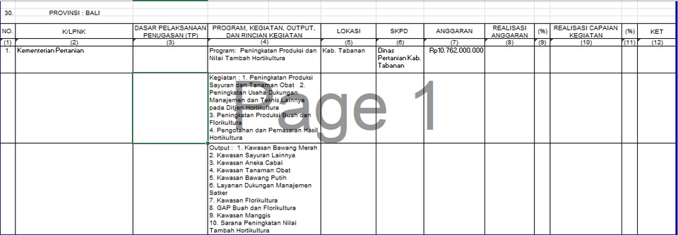Jasa data entry excel untuk pengumpulan data produk holtikultura, dengan data yang lengkap, termasuk lokasi, biro, anggaran, realisasi anggaran, realisasi capaian, dan ket.