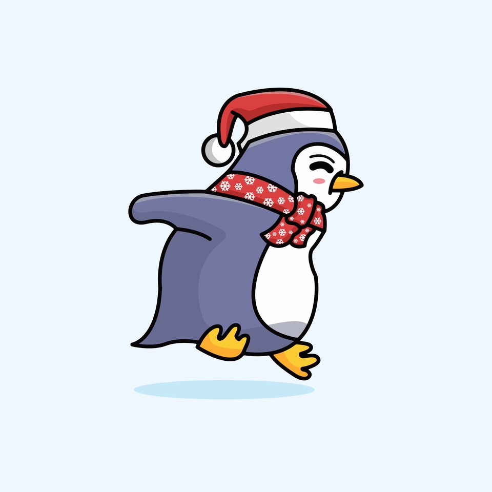 Jasa desain karakter kartun penguin lucu dengan topi santa dan syal merah untuk karakter game atau desain maskot