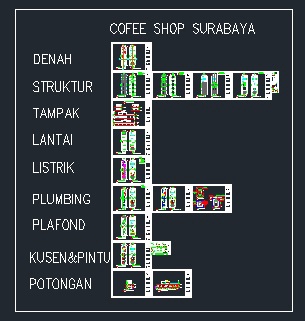 Jasa drafter autocad murah untuk desain coffee shop di Surabaya, meliputi denah, struktur, tampak, lantai, listrik, plumbing, plafon, kusen & pintu, dan potongan.