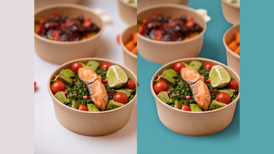 Jasa edit foto makanan dengan background warna biru untuk desain menu restoran atau kafe.