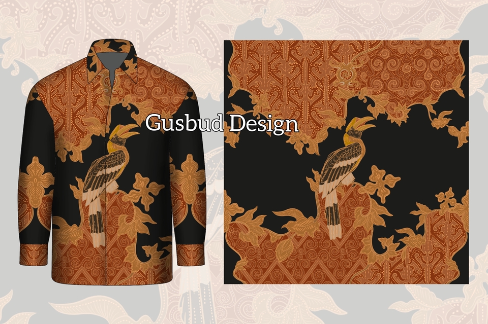 Desain kaos distro dengan motif burung enggang dan pola batik modern, cocok untuk desain kaos pria dan wanita.