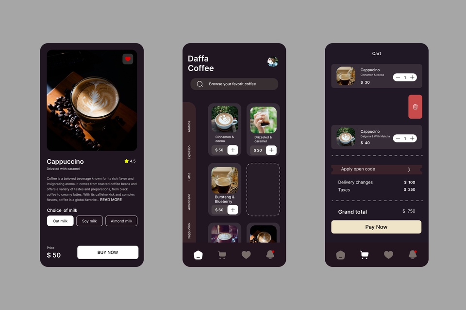 Contoh mockup desain aplikasi mobile dengan fitur pemesanan kopi