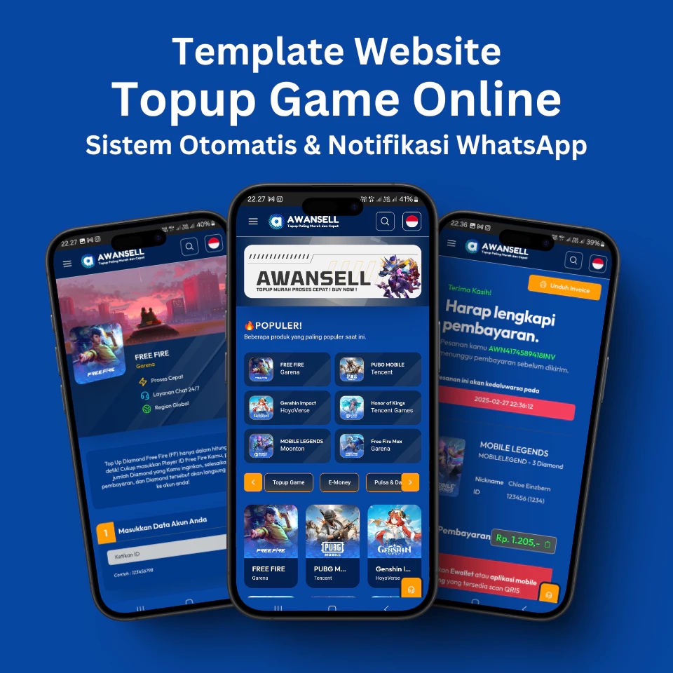 Jasa pembuatan website toko online game, sistem topup otomatis, notifikasi WhatsApp.