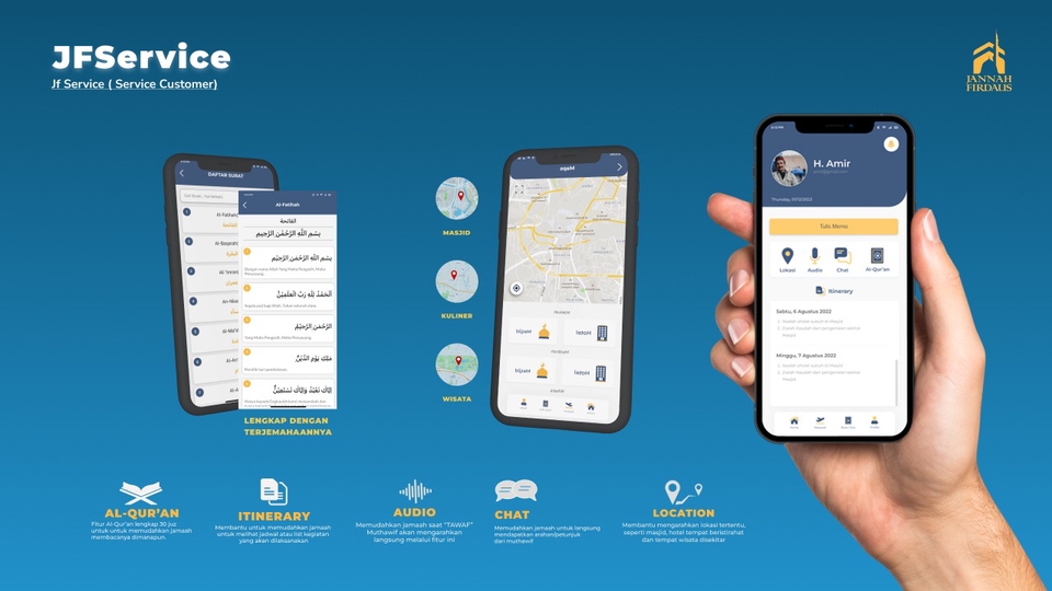 Desain UI UX aplikasi mobile untuk platform layanan perjalanan haji dan umrah.