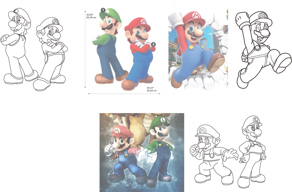 Jasa ilustrasi gambar karakter kartun Mario dan Luigi untuk kebutuhan game dan animasi.