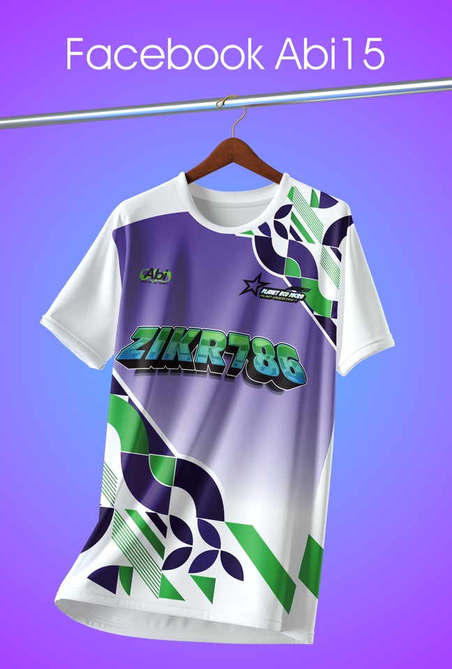 รับสกรีนเสื้อกีฬา สีม่วง ขาว เขียว ฟ้า ลายเรขาคณิต สวยๆ