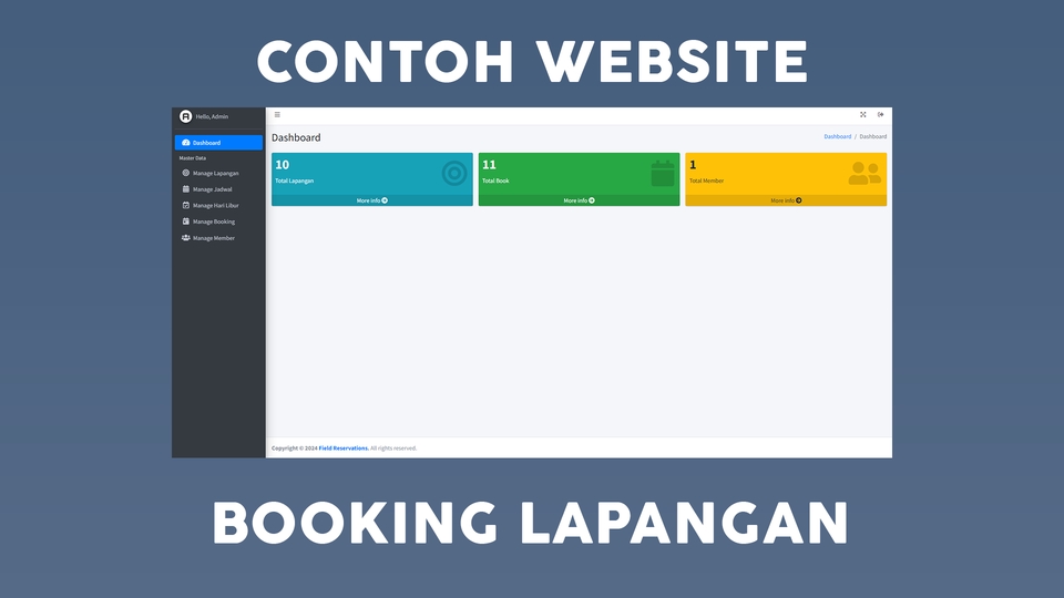 Contoh website jasa pembuatan website booking lapangan dengan design minimalis dan modern.