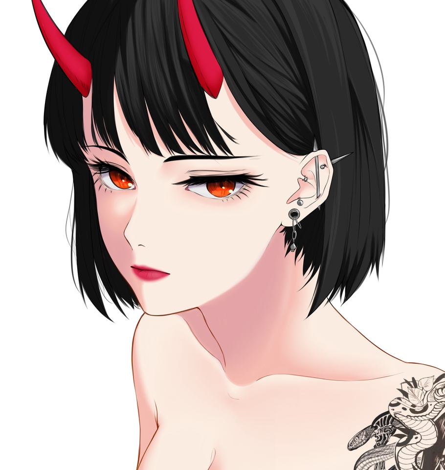 Ilustrasi wanita berambut hitam dengan tanduk dan anting, mengenakan pakaian putih dan tato ular di bahu.