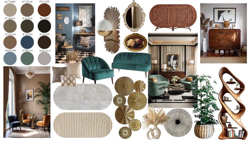 Desain interior minimalis dengan furnitur kayu dan aksen emas, menampilkan rak dinding, meja, kursi, dan sofa. Sangat cocok untuk desain ruang tamu atau ruang keluarga.