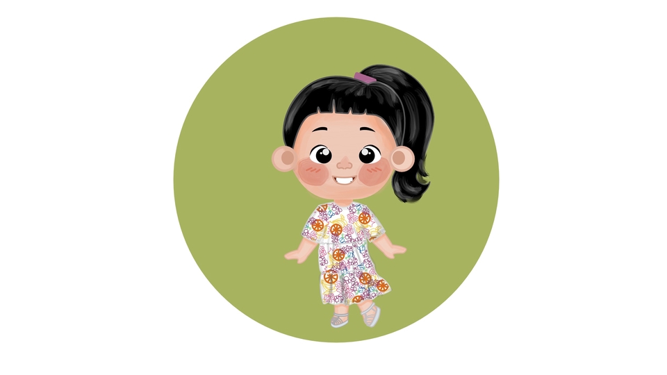 Jasa ilustrasi digital seorang anak perempuan berambut hitam dan berbaju motif bunga dengan senyum bahagia, ilustrasi kartun, desain karakter anak, gambar ilustrasi