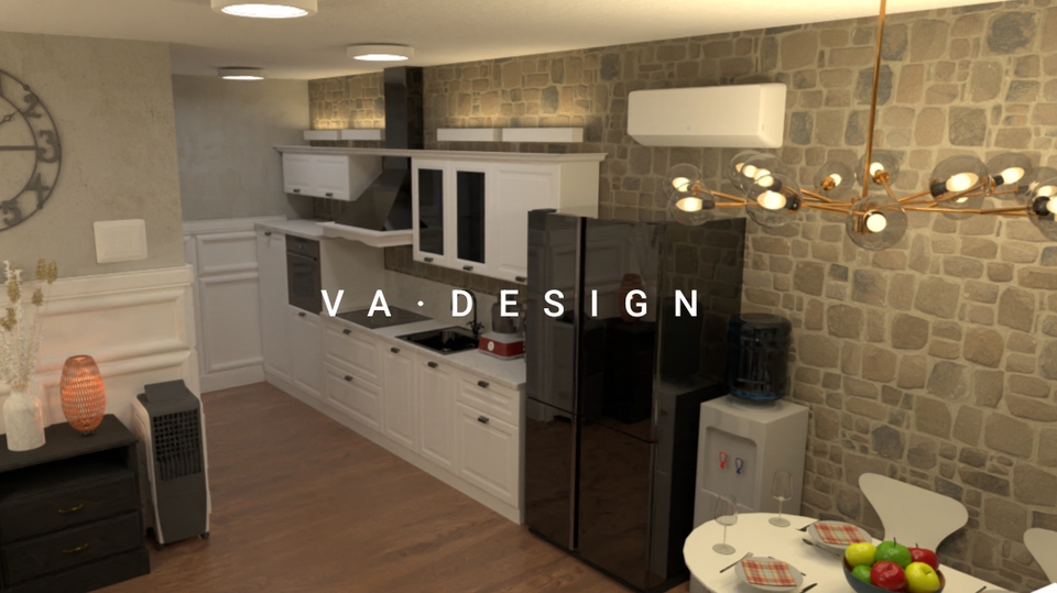 Desain interior dapur minimalis dengan lemari dapur putih dan lemari pendingin hitam