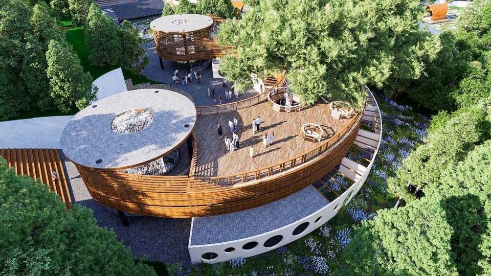 Jasa desain arsitektur 3D: Render cafe unik dan minimalis di tengah taman. Desain exterior dan interior.