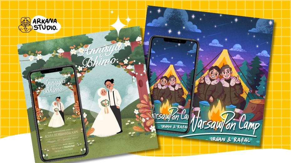 Jasa karikatur desain vektor wajah pasangan pengantin dengan latar belakang alam dan ilustrasi kartun