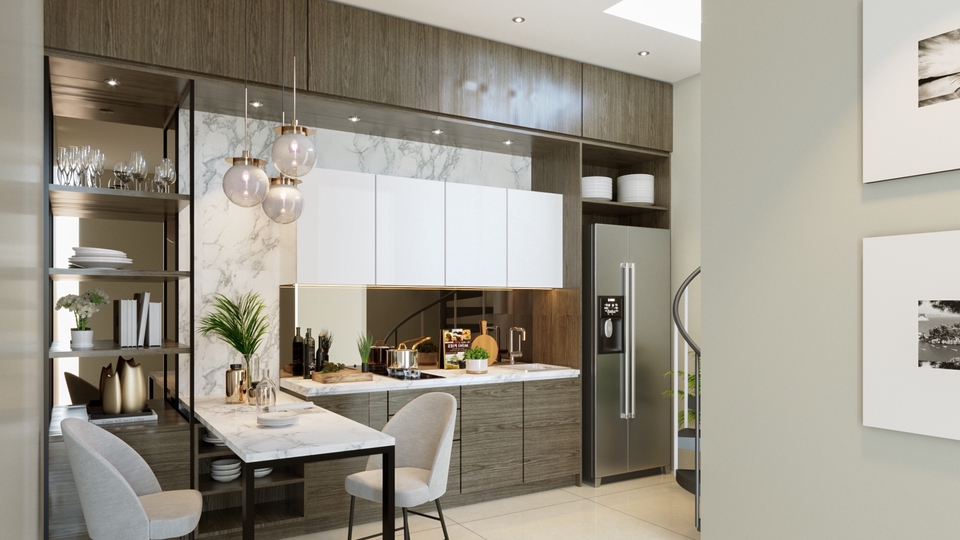 Jasa desain interior apartemen modern dengan desain dapur minimalis dan ruang makan yang nyaman