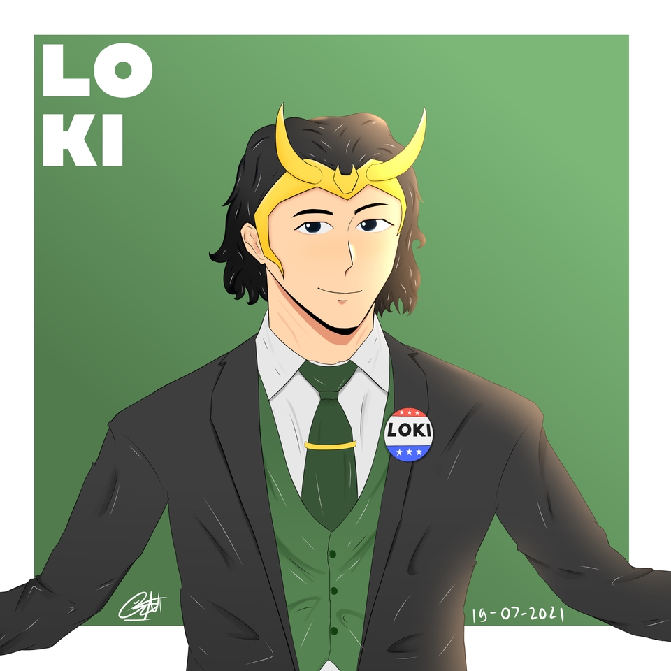 Ilustrasi digital Loki, karakter Marvel, dengan kostum jas hijau dan dasi.