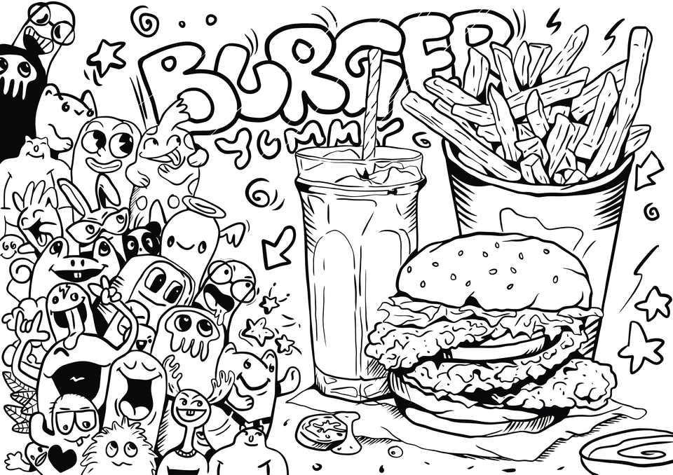 Ilustrasi makanan kartun lucu dengan milkshake, kentang goreng, dan burger untuk desain menu makanan restoran atau cafe