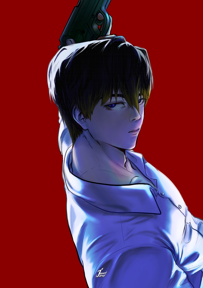 วาดแฟนอาร์ตเกาหลีสไตล์การ์ตูนชายหนุ่มถือปืน