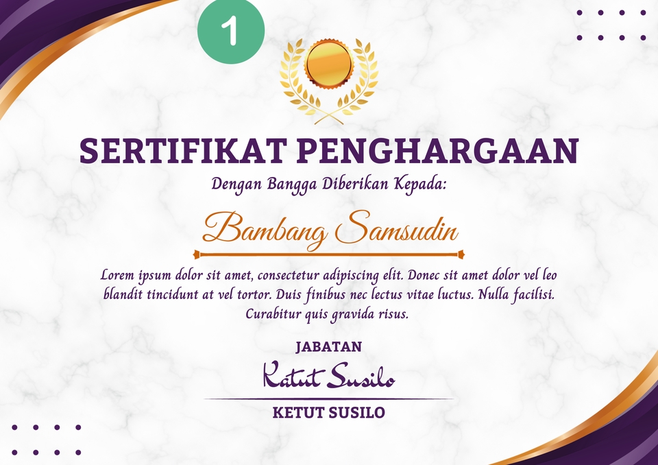 Sertifikat penghargaan dengan desain sederhana untuk Bambang Samsudin dengan jabatan Ketut Susilo, layanan desain sertifikat online