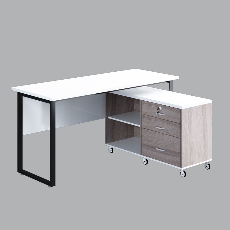 Desain meja kerja dengan laci penyimpanan dan rak buku untuk kebutuhan kantor modern