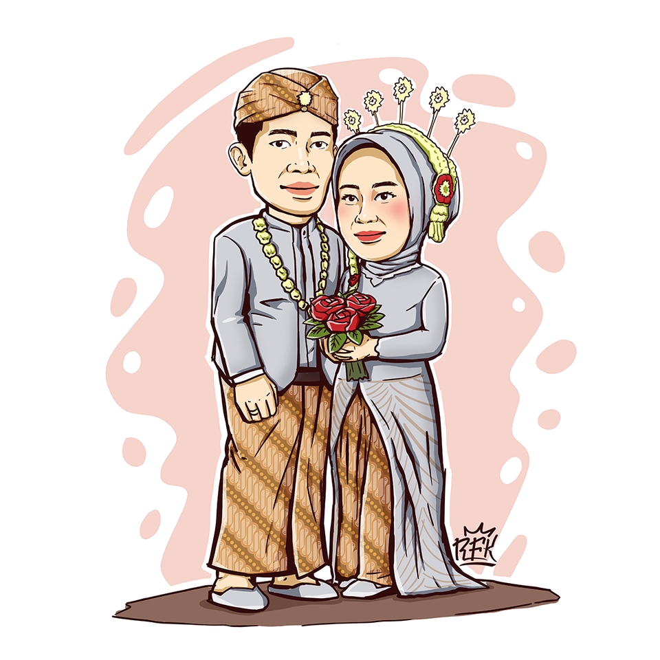 Ilustrasi kartun pengantin pria dan wanita berpakaian adat Jawa, desain ilustrasi karakter kartun, jasa ilustrasi karakter, jasa desain ilustrasi.