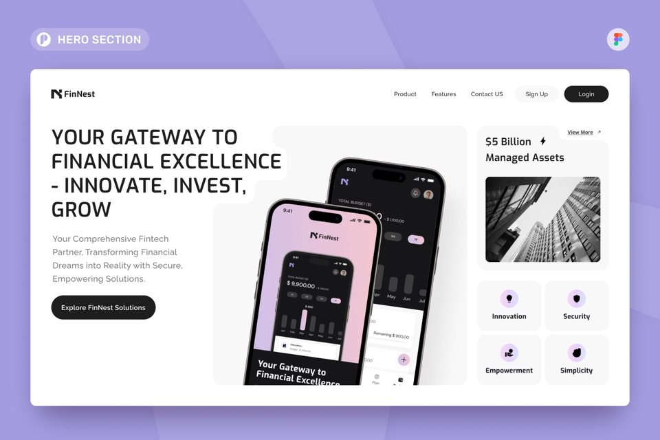 Desain aplikasi mobile UI UX modern dan minimalis dengan konsep "Financial Excellence".