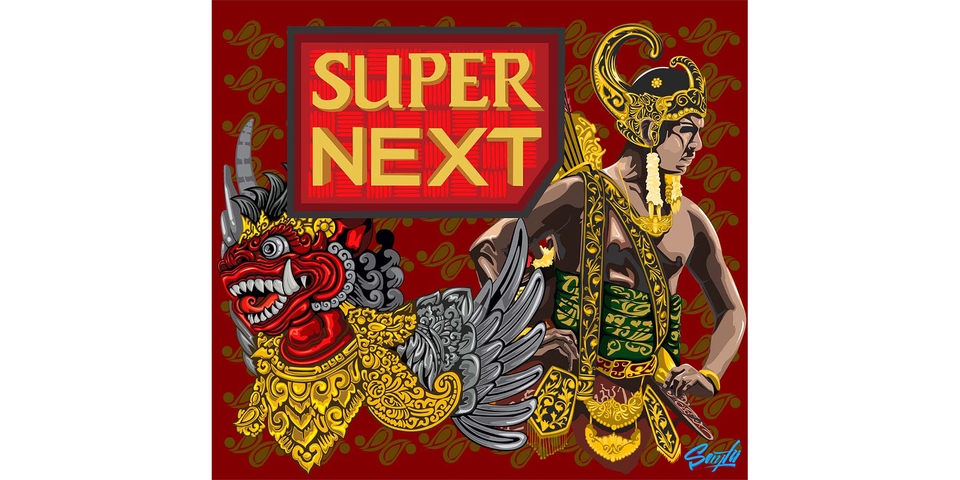 Ilustrasi super next dengan desain kartun seorang pria berpakaian tradisional dan hewan.