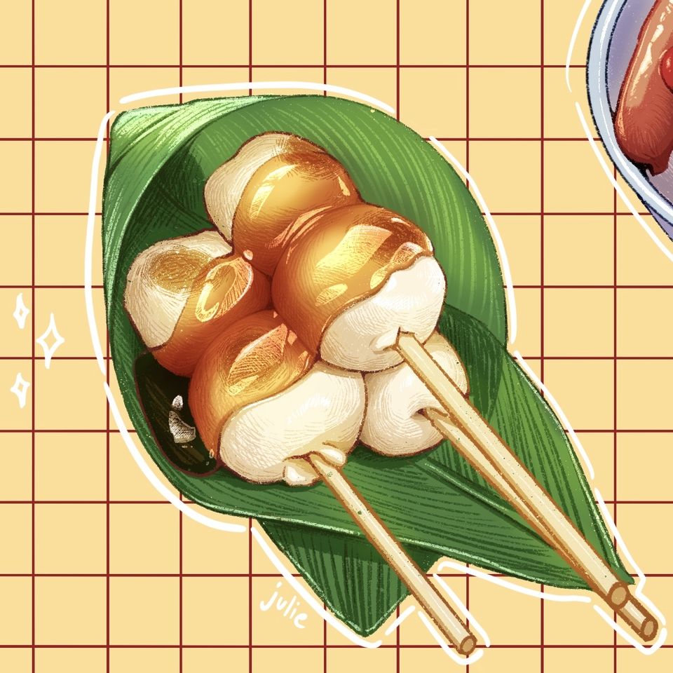 รับวาดรูป ภาพประกอบขนมญี่ปุ่น โมจิ บนใบไม้เขียว สีน้ำเงิน