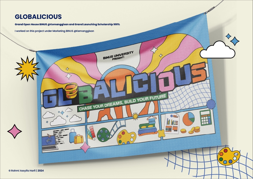 Spanduk desain globalicious dengan logo unik dan konsep desain yang kreatif. Desain spanduk untuk keperluan branding dan promosi jasa.