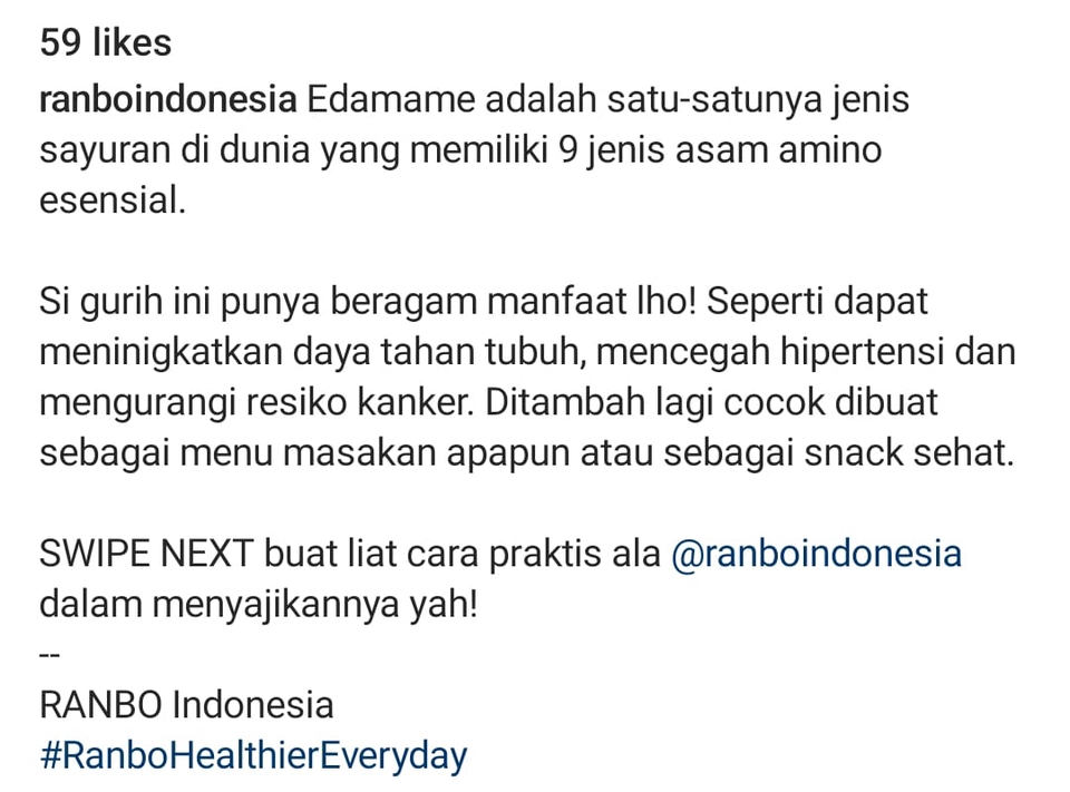 Jasa iklan Instagram untuk meningkatkan brand awareness dengan Edamame, sumber asam amino esensial yang baik untuk kesehatan.