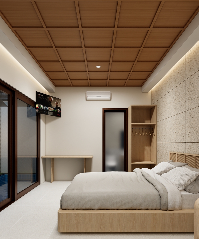 Desain kamar tidur minimalis dengan tempat tidur kayu dan lemari penyimpanan.