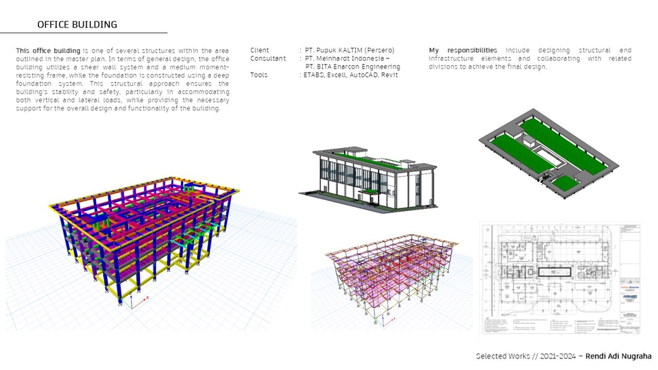 Jasa drafter arsitek untuk desain bangunan kantor dengan detail struktur 3D.