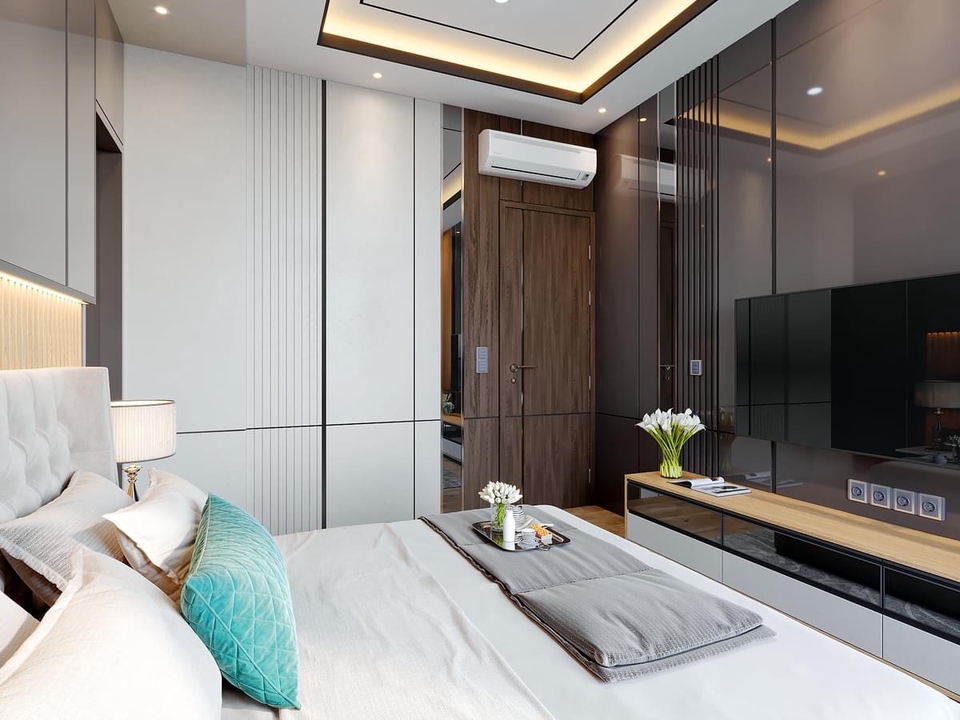 Desain interior ruang tamu dengan lemari tv minimalis dan sofa putih